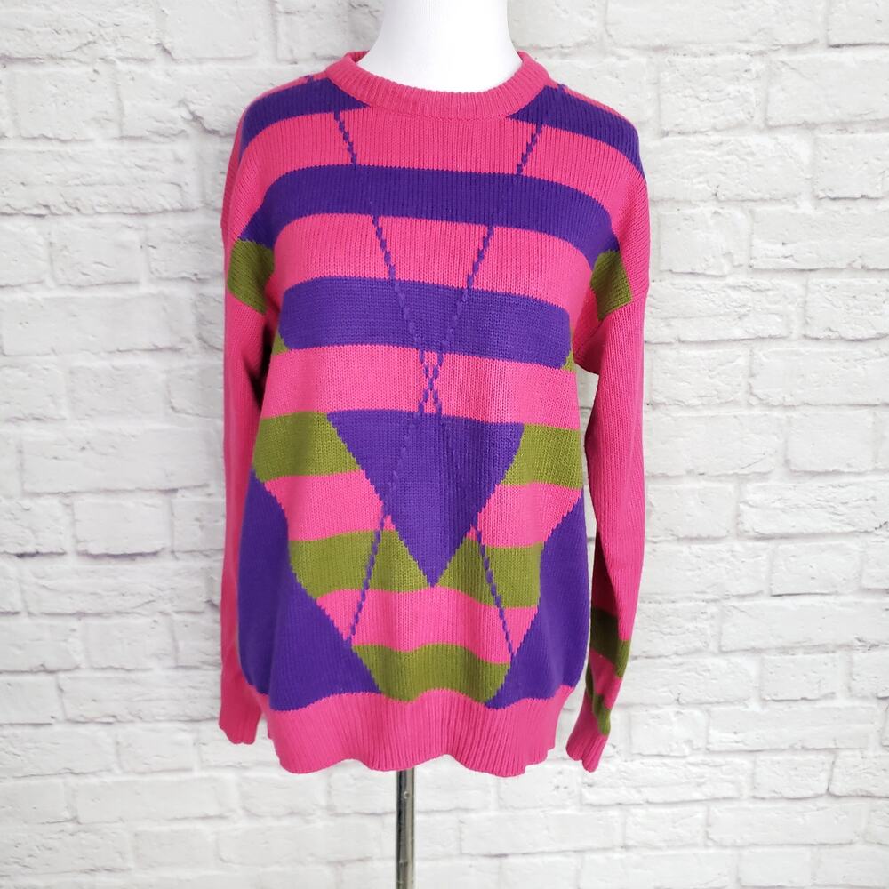 Vintage 90s Izod Club Pink Purple Green Stripe Acrylic Crew Neck Sweater Sz M